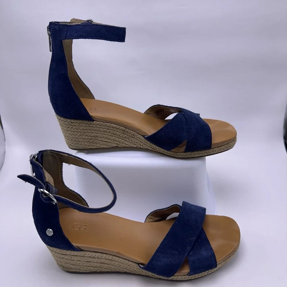 UGG Eugenia Navy Blue Suede Wedge Espadrille Sandals Women's Size 9 Ankle Strap